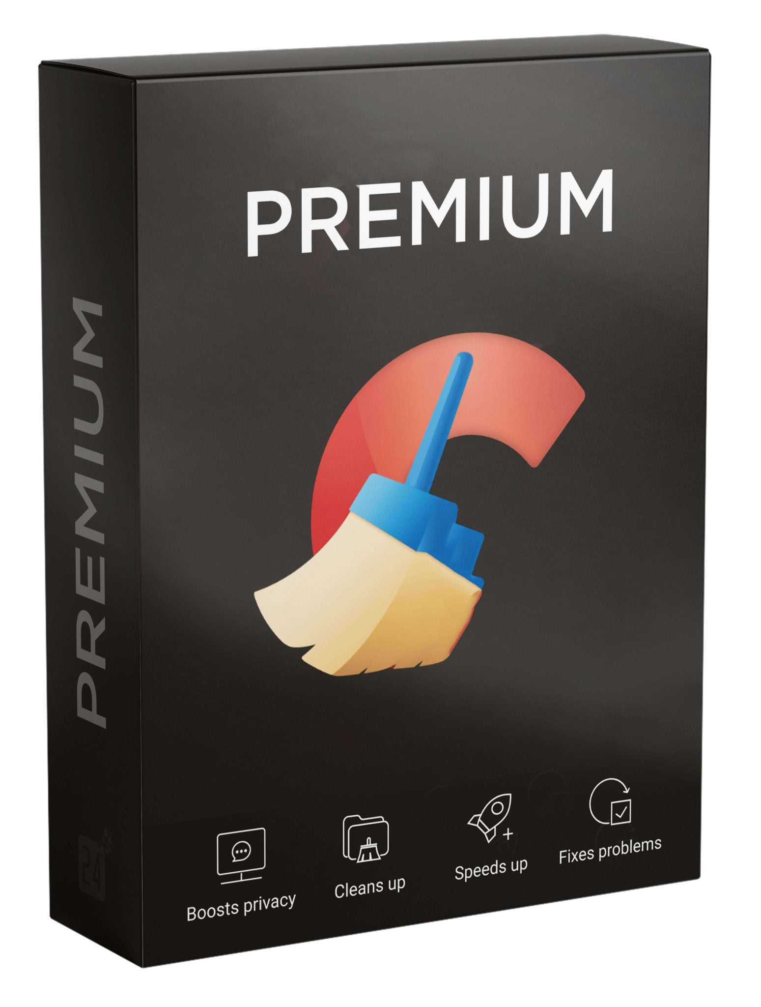 CCleaner Professional 2024 software box showcasing features like privacy protection, system cleanup, speed improvement, and problem fixing.