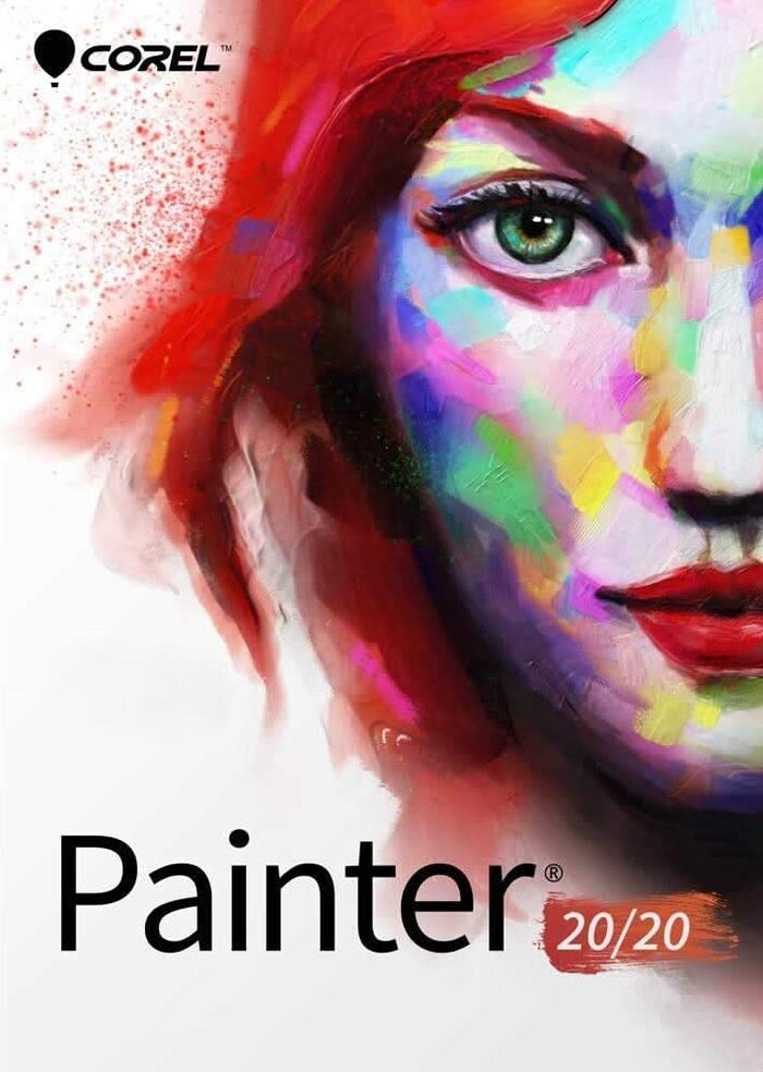 Corel Painter 2020 software cover art with colorful abstract portrait.