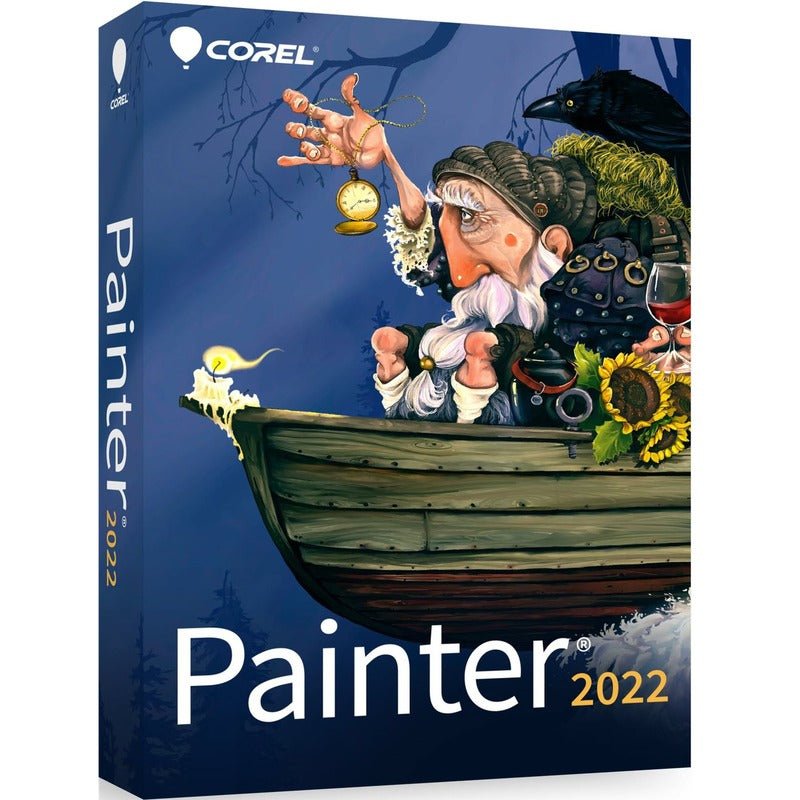 Corel Painter 2022 software box with whimsical illustration highlighting digital art features.