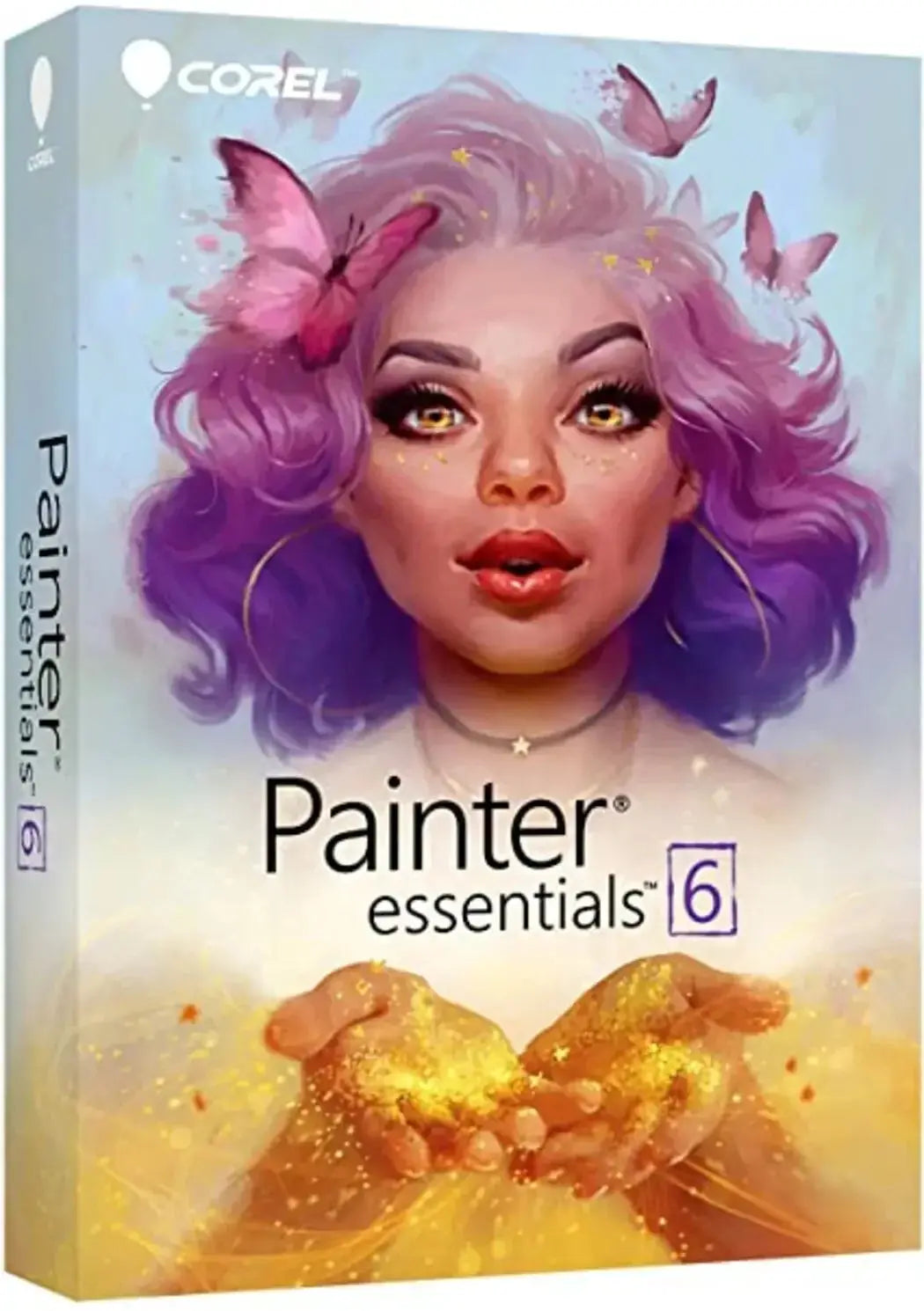 Corel Painter Essentials 6 software box featuring a vibrant painted portrait.