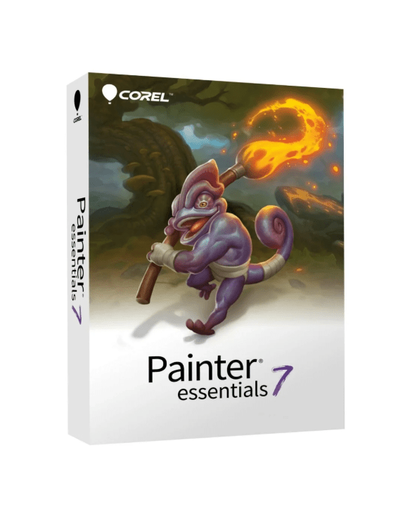Corel Painter Essentials 7 software box with artistic creature illustration.