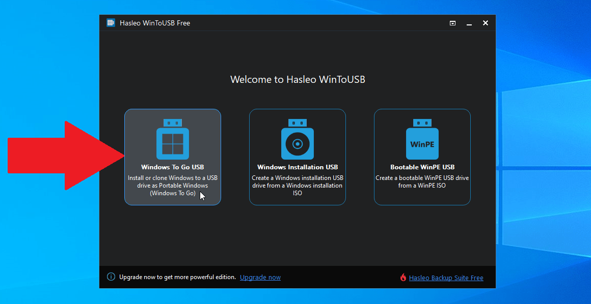 Software interface of Hasleo WinToGo Enterprise for creating portable Windows systems on USB drives.