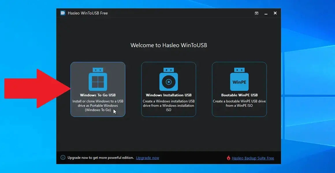 Software interface of Hasleo WinToGo Enterprise for creating portable Windows systems on USB drives.