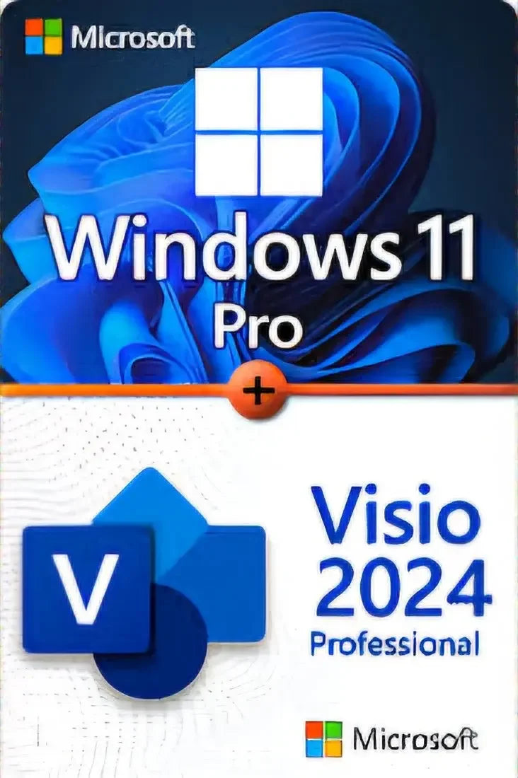 Microsoft Windows 11 Pro and Visio 2024 Professional bundle packaging.