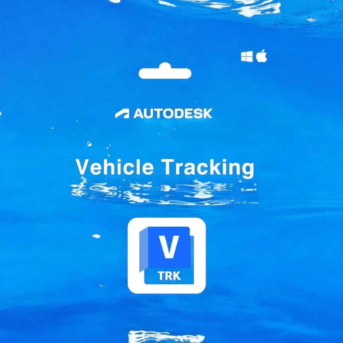 Autodesk Vehicle Tracking 2025 software package, blue water ripple background.